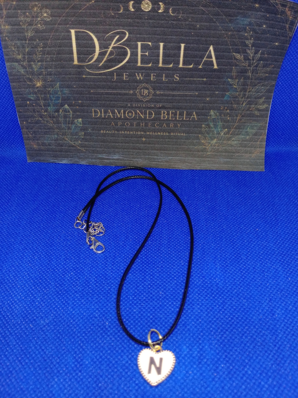 Black Cord Necklace with Gold Heart Initial 'N' Pendant